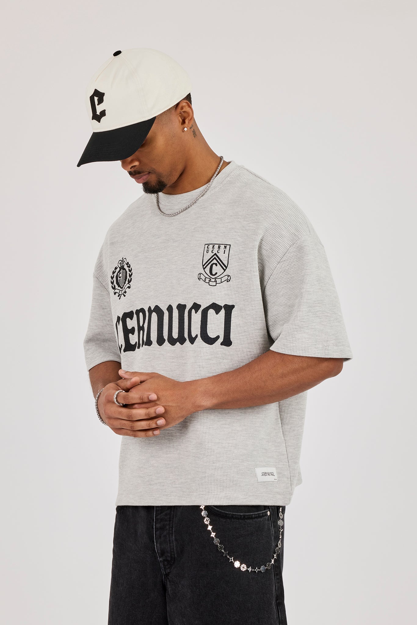Boxy Waffle Print T-Shirt - Grey